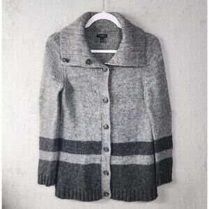 Talbots Wool Blend Cardigan Sweater Grey Stripe Button Front Womens Small Petite